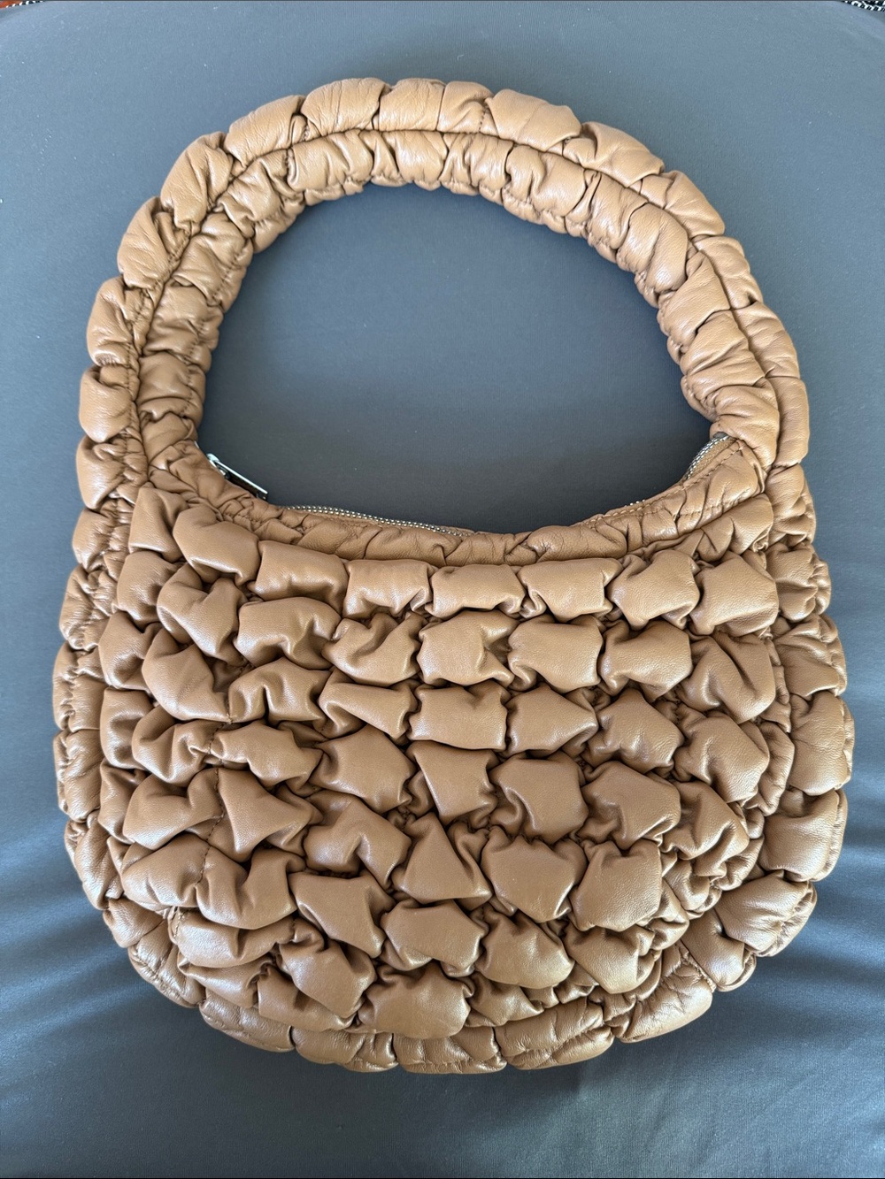 Quilted Puff Tan LeartherShoulder Bag